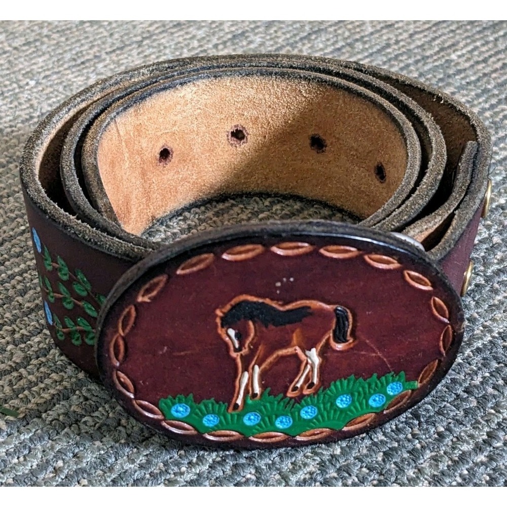 CAP Embossed & Painted Brown Leather Western Belt Horse Meadow 34" Long